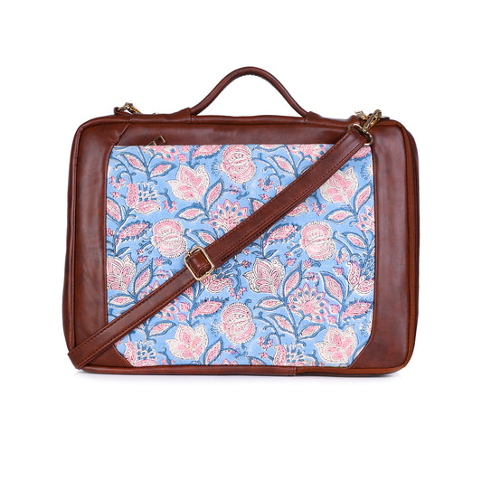 OPIUM POPPY JAAL  HAN BLOCK COTTON PRINTED & VEGAN LEATHER BLUE LAPTOP SLEEVE 13″