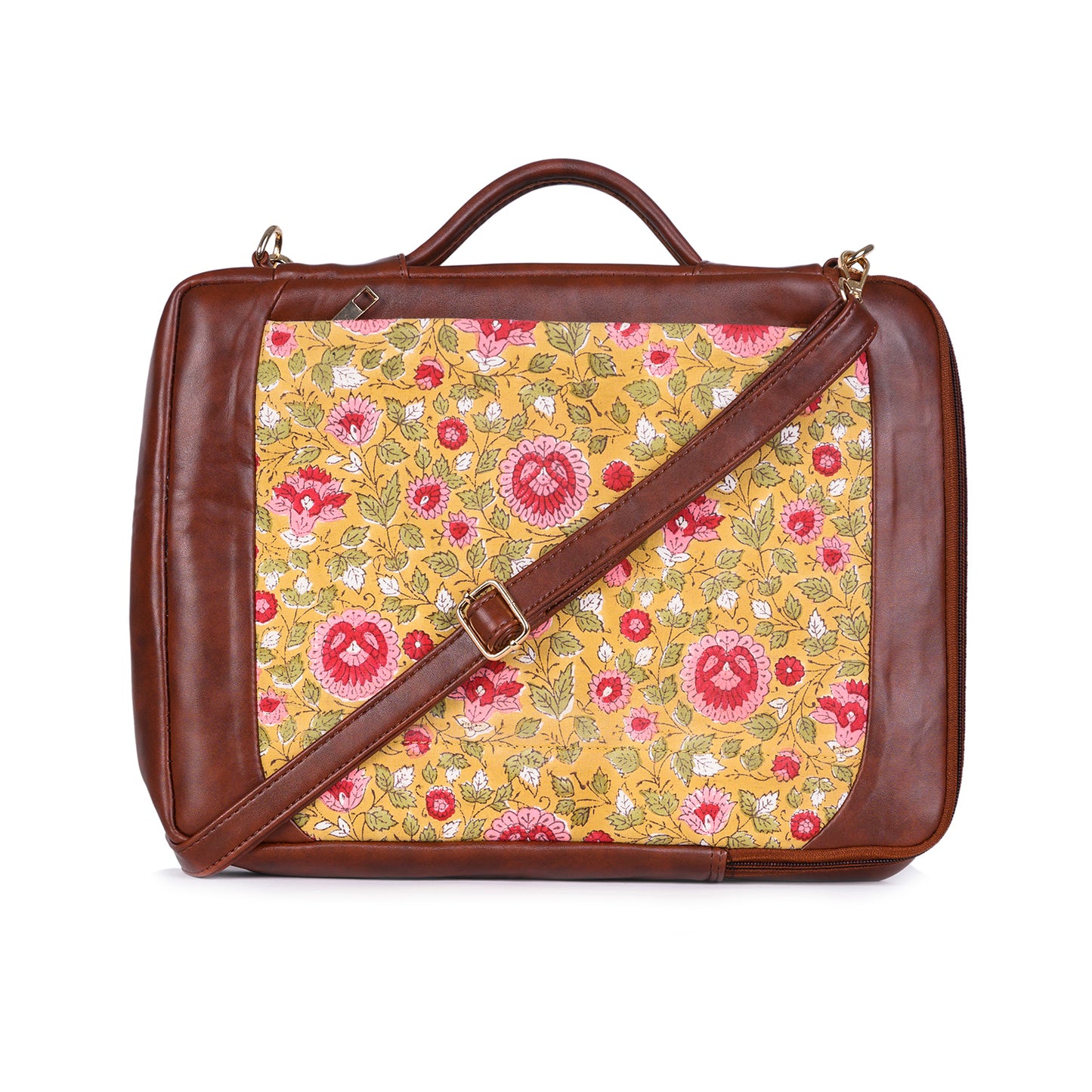 BLOSSOMING ROSES IN BASANT HAND BLOCK PRINTED & VEGAN LEATHER LAPTOP SLEEVE BAG 13″