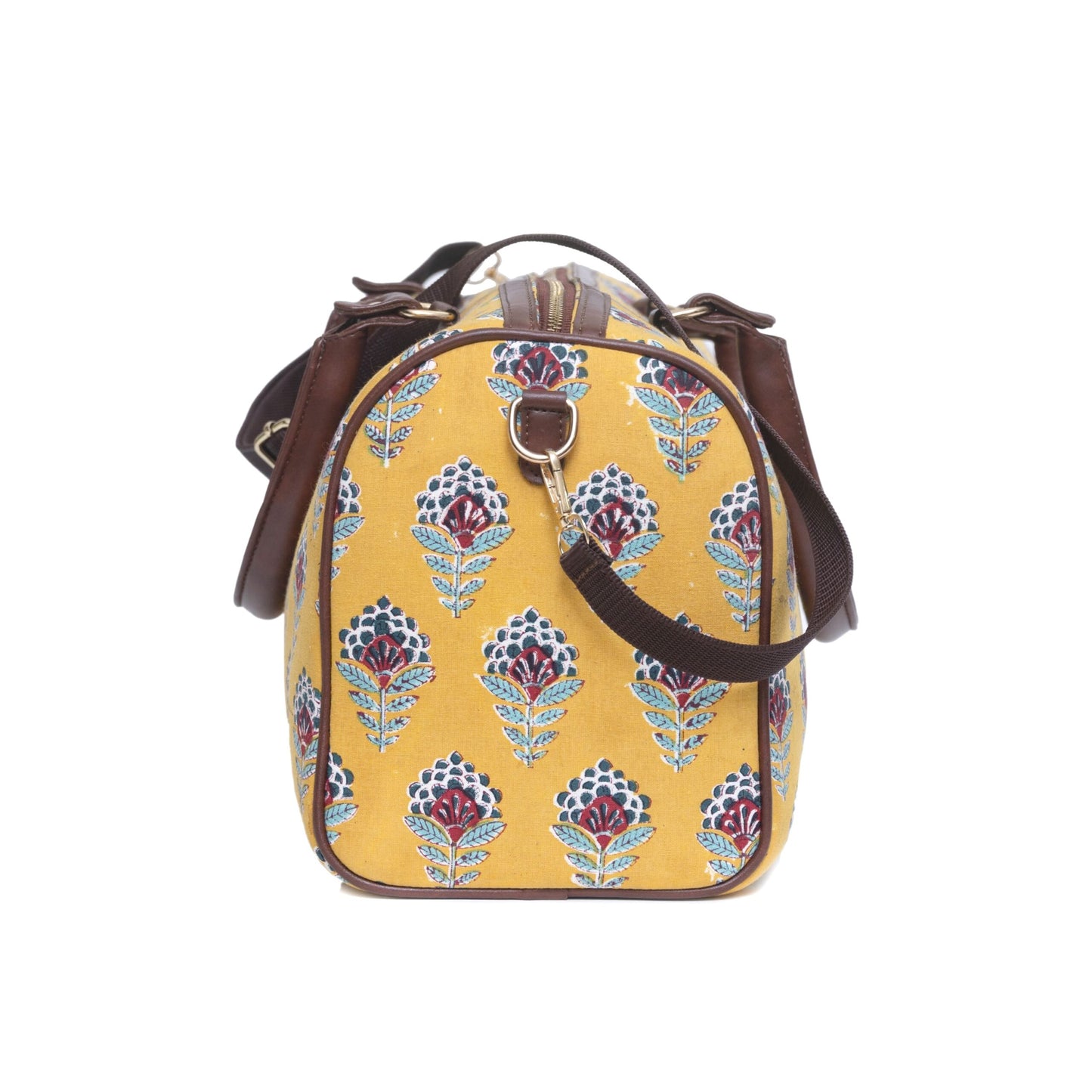 YELLOW SNKAE CHARM COTTON PRINTED VEGAN LEATHER DUFFLE BAG WITH STRAP