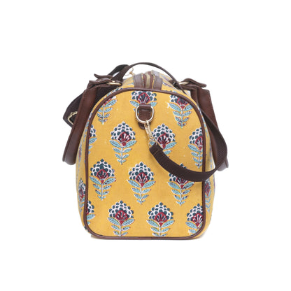 YELLOW SNKAE CHARM COTTON PRINTED VEGAN LEATHER DUFFLE BAG WITH STRAP