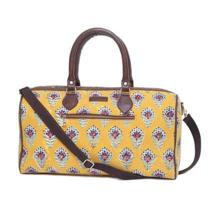 YELLOW SNKAE CHARM COTTON PRINTED VEGAN LEATHER DUFFLE BAG WITH STRAP