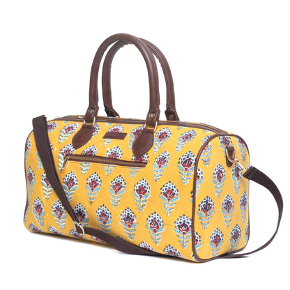 YELLOW SNKAE CHARM COTTON PRINTED VEGAN LEATHER DUFFLE BAG WITH STRAP