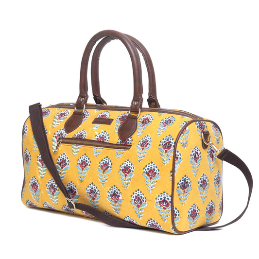 YELLOW SNKAE CHARM COTTON PRINTED VEGAN LEATHER DUFFLE BAG WITH STRAP