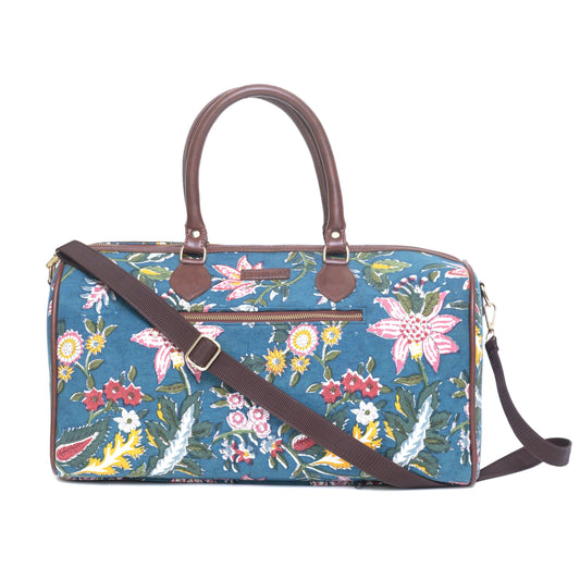 HEAVEN GARDEN COTTON PRINTED VEGAN LEATHER DUFFLE BAG WITH STRAP