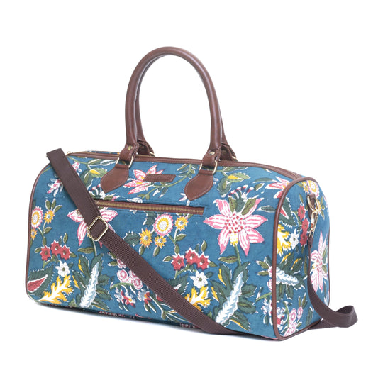 HEAVEN GARDEN COTTON PRINTED VEGAN LEATHER DUFFLE BAG WITH STRAP