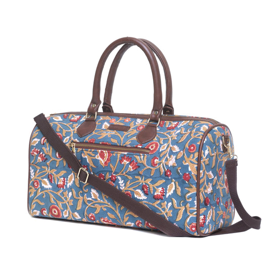 LOTUS N MO0N COTTON PRINTED VEGAN LEATHER DUFFLE BAG WITH STRAP