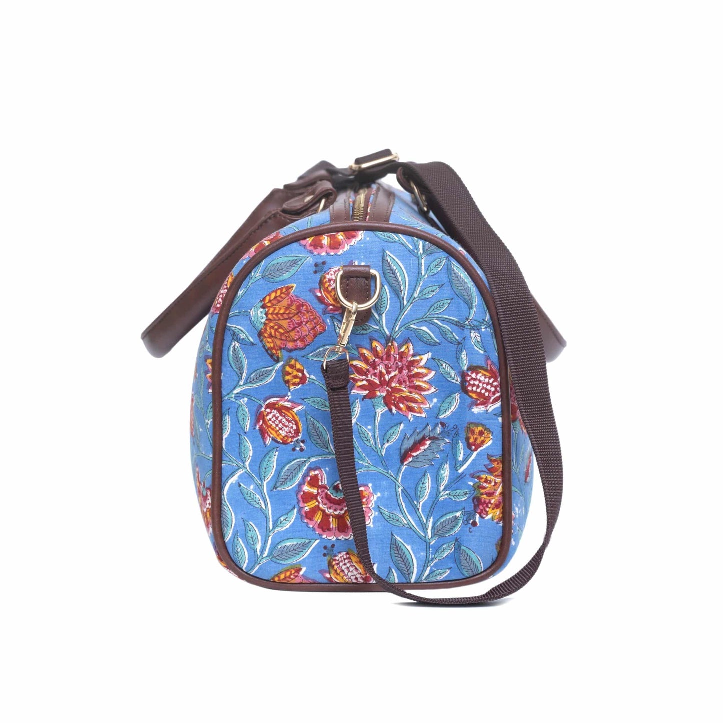 POMGRANATE WORLD COTTON PRINTED VEGAN LEATHER DUFFLE BAG WITH STRAP