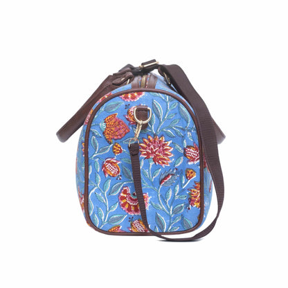 POMGRANATE WORLD COTTON PRINTED VEGAN LEATHER DUFFLE BAG WITH STRAP