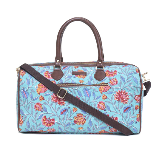 LILY HIBISCUS COTTON PRINTED VEGAN LEATHER DUFFLE BAG WITH STRAP