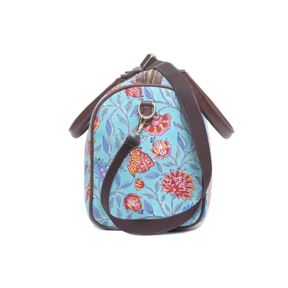LILY HIBISCUS COTTON PRINTED VEGAN LEATHER DUFFLE BAG WITH STRAP