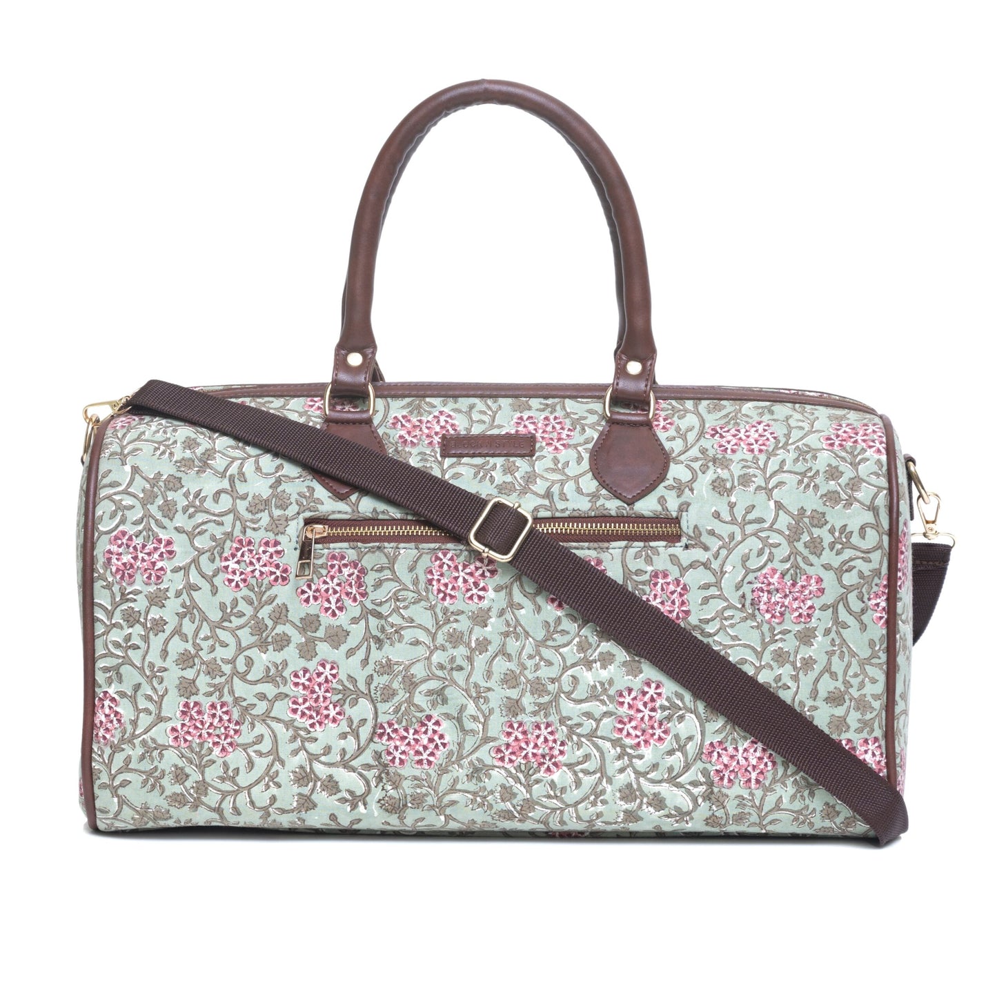 TROPICAL VINE COTTON PRINTED VEGAN LEATHER DUFFLE BAG WITH STRAP