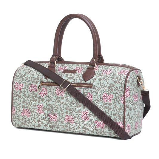 TROPICAL VINE COTTON PRINTED VEGAN LEATHER DUFFLE BAG WITH STRAP