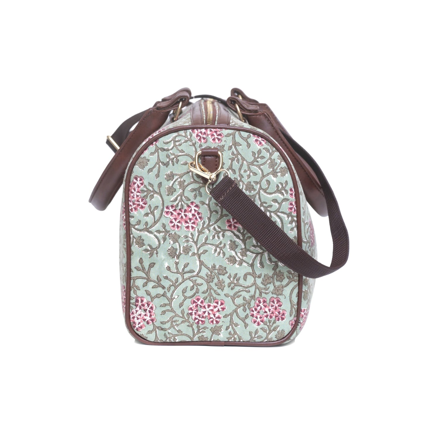 TROPICAL VINE COTTON PRINTED VEGAN LEATHER DUFFLE BAG WITH STRAP