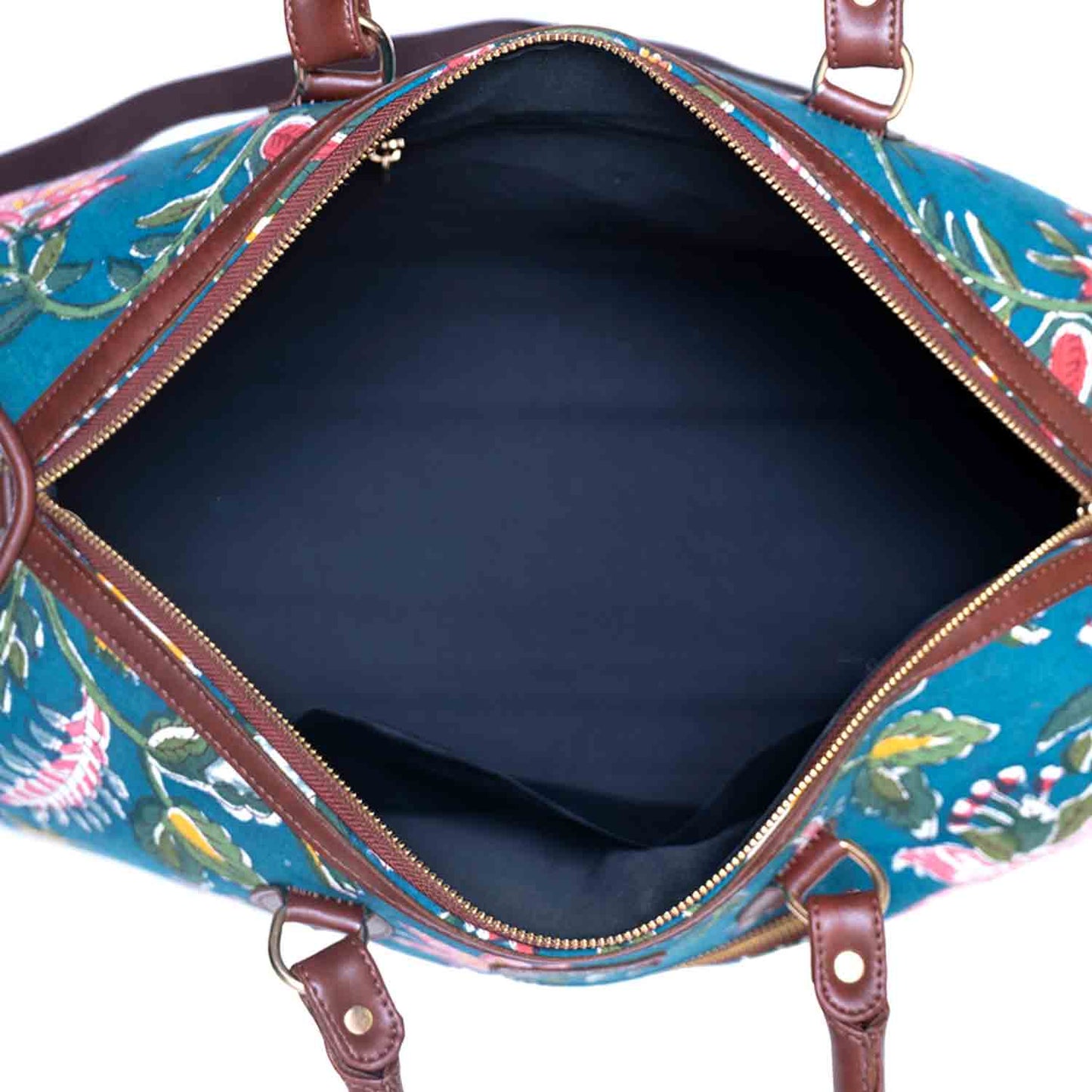HEAVEN GARDEN COTTON PRINTED VEGAN LEATHER DUFFLE BAG WITH STRAP