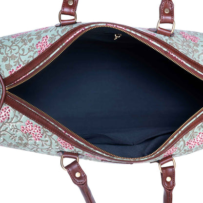 TROPICAL VINE COTTON PRINTED VEGAN LEATHER DUFFLE BAG WITH STRAP