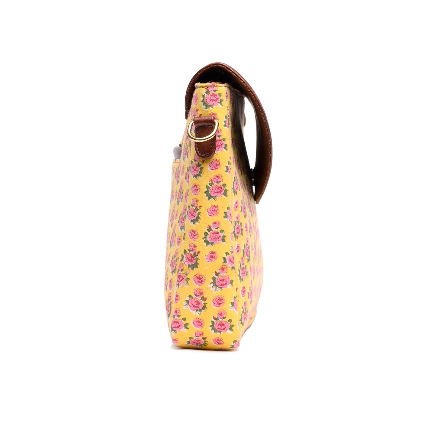 YELLOW BUD HAND BLOCK COTTON PRINTED & VEGAN LEATHER SLING BAG