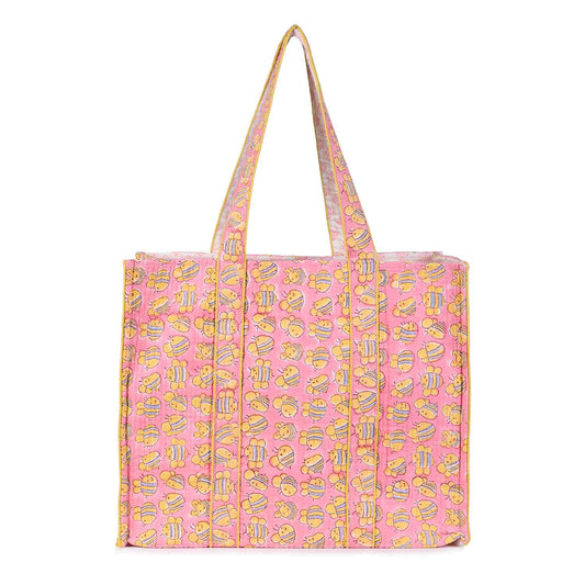 PINK HONEY BEE HAND BLOCK PRINTED QUILTED TOTE BAG