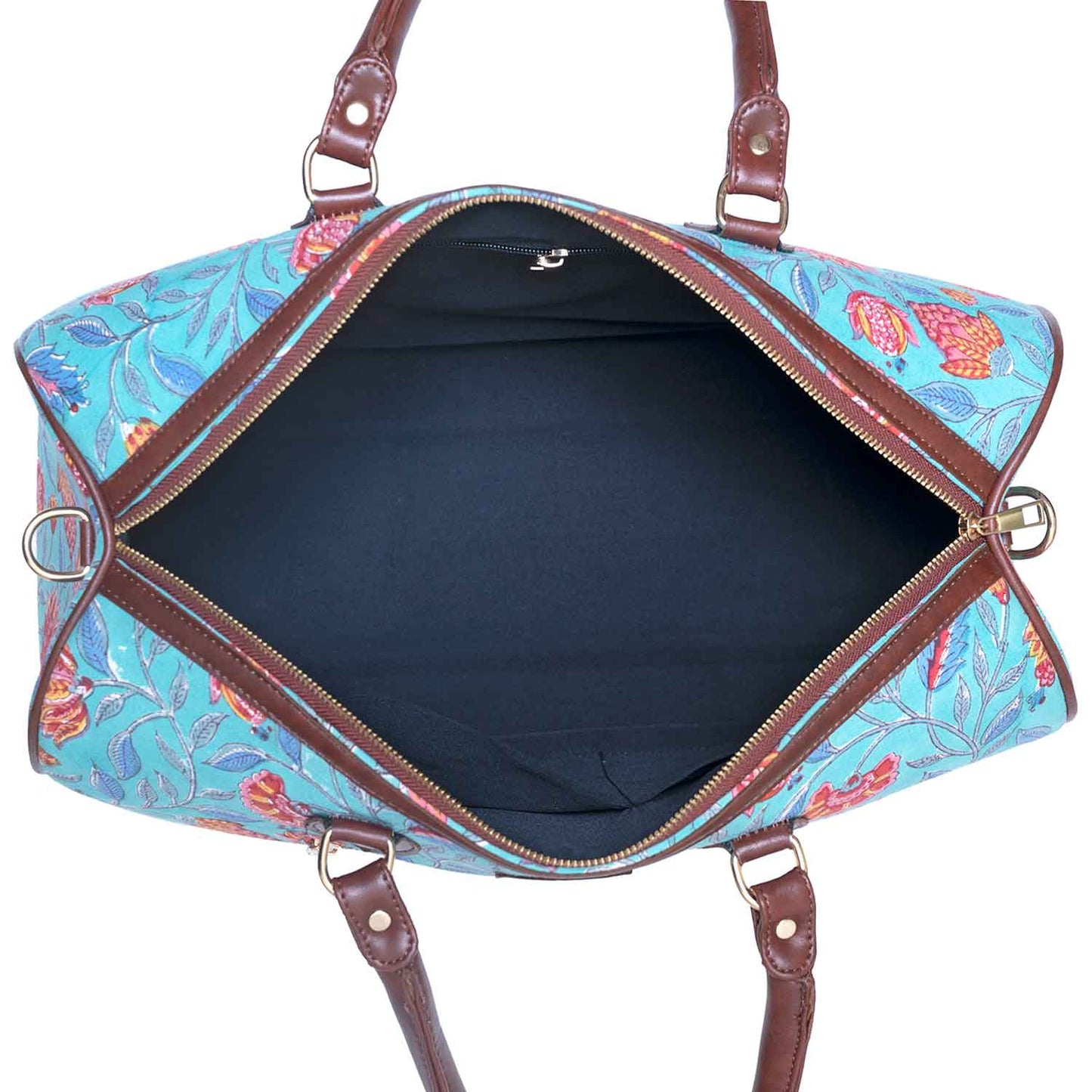 LILY HIBISCUS COTTON PRINTED VEGAN LEATHER DUFFLE BAG WITH STRAP
