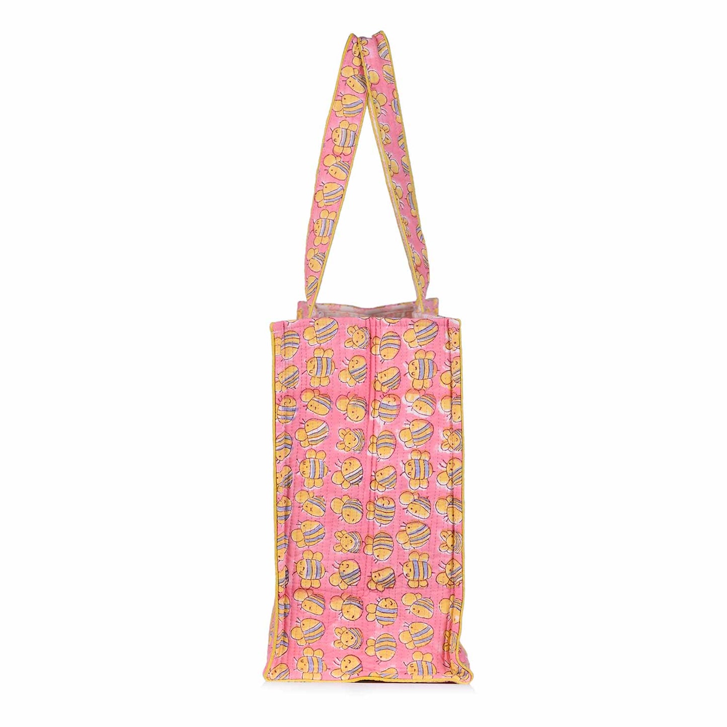 PINK HONEY BEE HAND BLOCK PRINTED QUILTED TOTE BAG