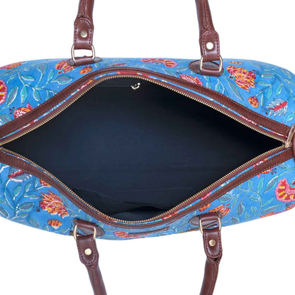 POMGRANATE WORLD COTTON PRINTED VEGAN LEATHER DUFFLE BAG WITH STRAP