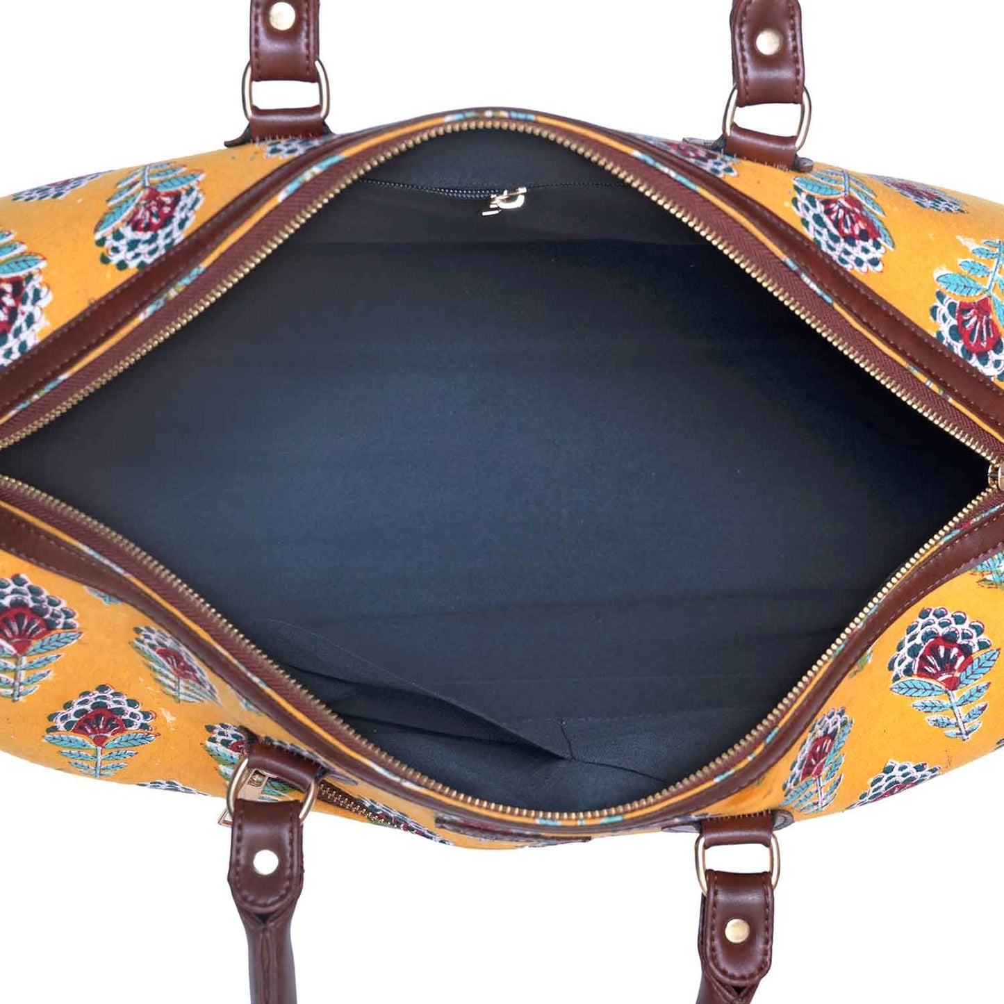 YELLOW SNKAE CHARM COTTON PRINTED VEGAN LEATHER DUFFLE BAG WITH STRAP