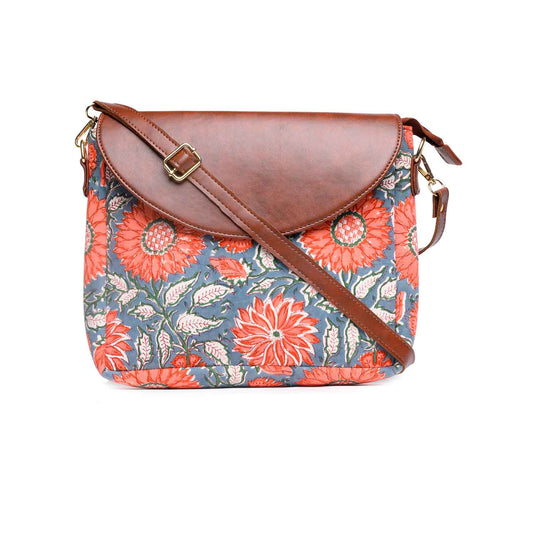THAI SUNFLOWER HAND BLOCK COTTON PRINTED & VEGAN LEATHER SLING BAG