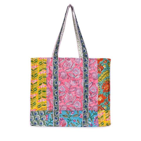 MULTICOLOURED FIRANGI HAND BLOCK QUILTED TOTE BAG