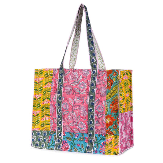 MULTICOLOURED FIRANGI HAND BLOCK QUILTED TOTE BAG