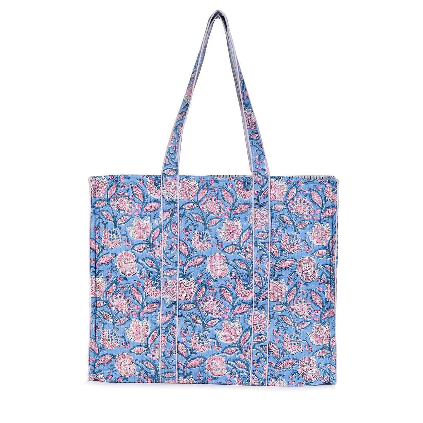 BOHEMIAN FLORAL HAND BLOCK COTTON PRINTED QUILTED TOTE BAG