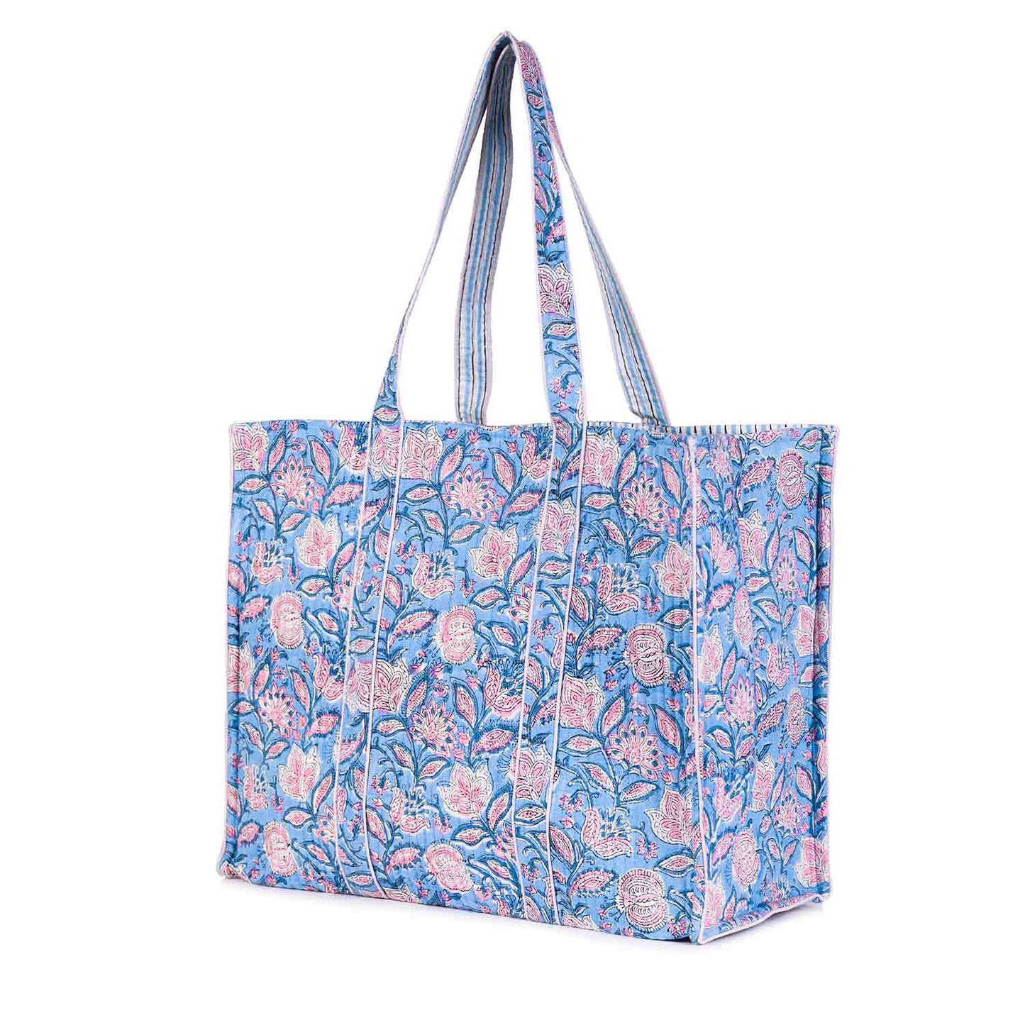 BOHEMIAN FLORAL HAND BLOCK COTTON PRINTED QUILTED TOTE BAG
