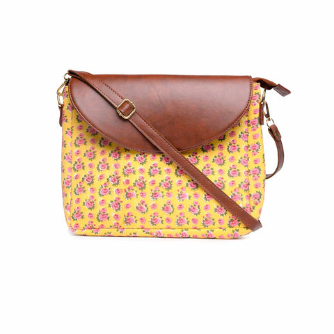 YELLOW BUD BLOCK COTTON PRINTED SLING BAG LEATHER