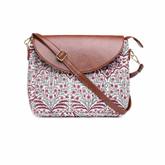 TESSELLATION BOUQUET HAND BLOCK COTTON PRINTED & VEGAN LEATHER SLING BAG