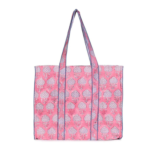 PINK FLORAL BUTTA HAND BLOCK PRINT QUILTED TOTE BAG