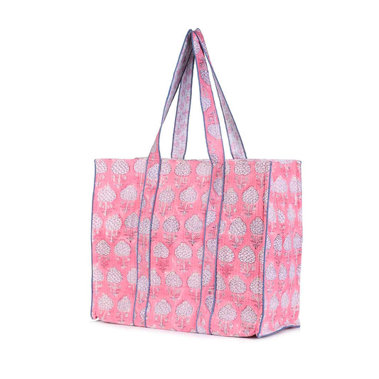 PINK FLORAL BUTTA HAND BLOCK PRINT QUILTED TOTE BAG