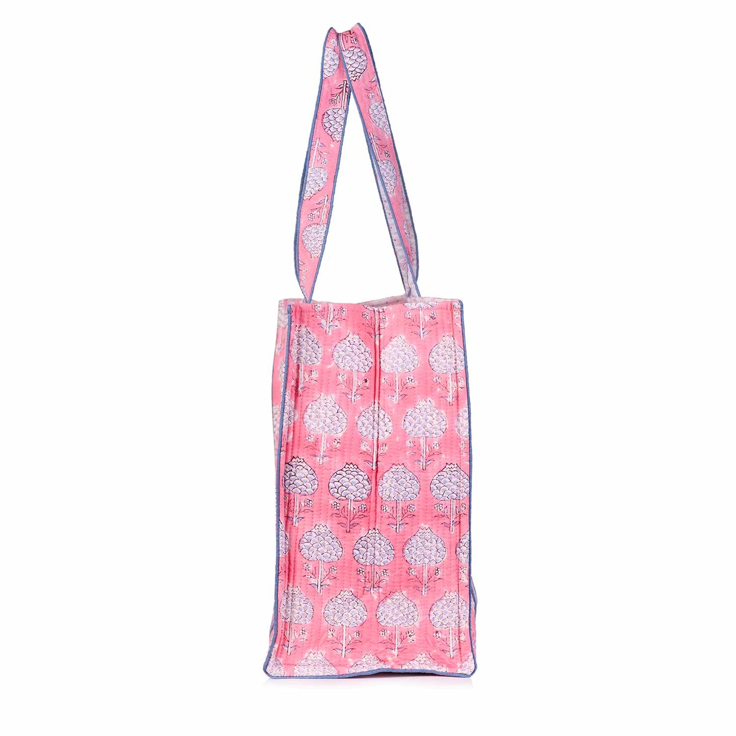PINK FLORAL BUTTA HAND BLOCK PRINT QUILTED TOTE BAG
