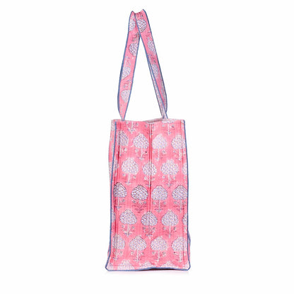 PINK FLORAL BUTTA HAND BLOCK PRINT QUILTED TOTE BAG