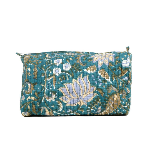 MAURITUS LOTUS HAND BLOCK COTTON PRINTED QUILTED TOILETRY POUCH