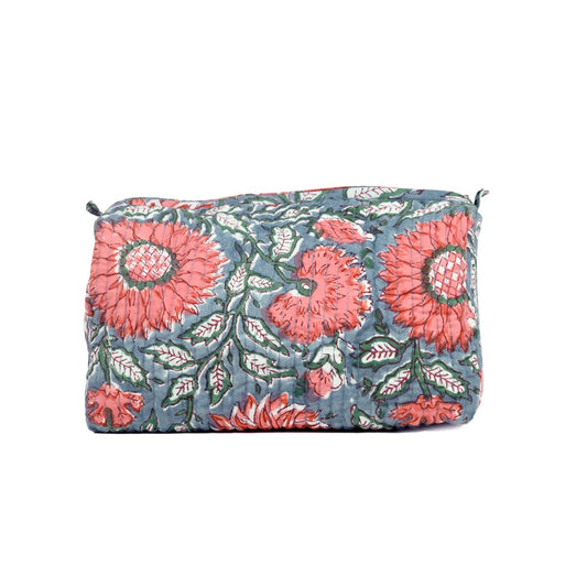 THAI SUNFLOWER HAND BLOCK COTTON PRINTED QUILTED TOILETRY POUCH