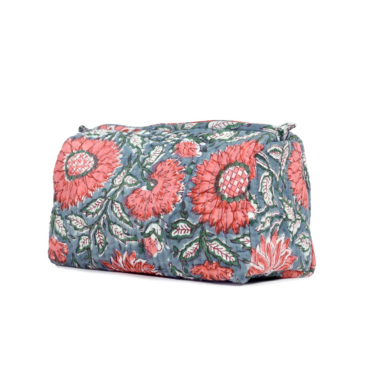 THAI SUNFLOWER HAND BLOCK COTTON PRINTED QUILTED TOILETRY POUCH