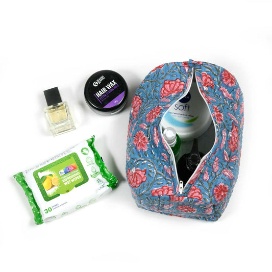 BHRAM KAMAL HAND BLOCK COTTON PRINTED QUILTED TOILETRY POUCH