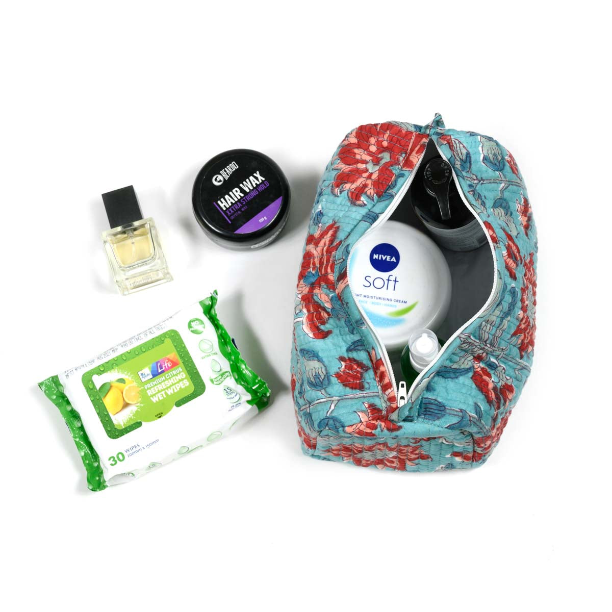 MOONSOON SUNFLOWER HAND BLOCK COTTON PRINTED QUILTED TOILETRY POUCH