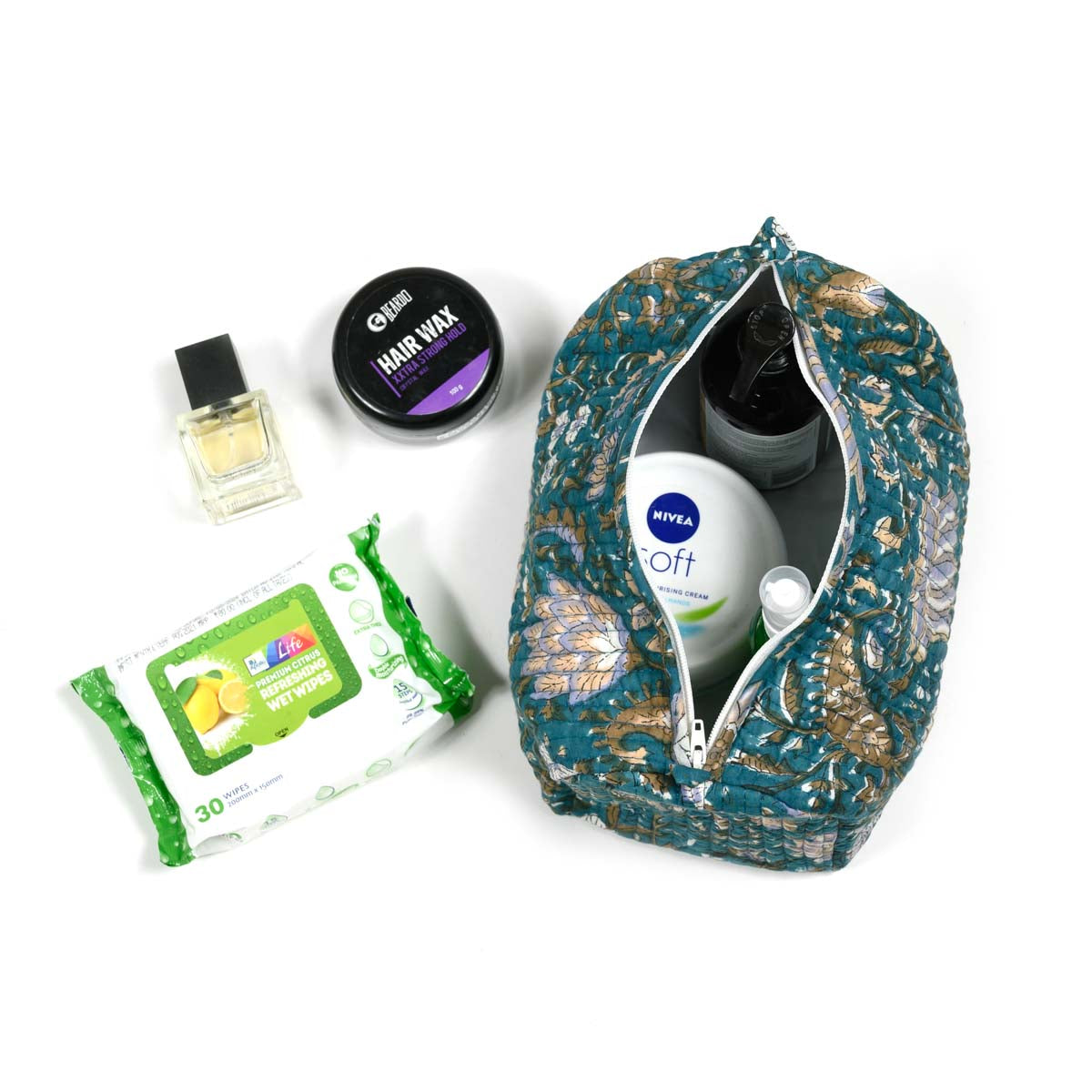 MAURITUS LOTUS HAND BLOCK COTTON PRINTED QUILTED TOILETRY POUCH