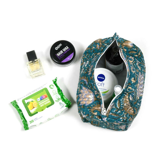 MAURITUS LOTUS HAND BLOCK COTTON PRINTED QUILTED TOILETRY POUCH