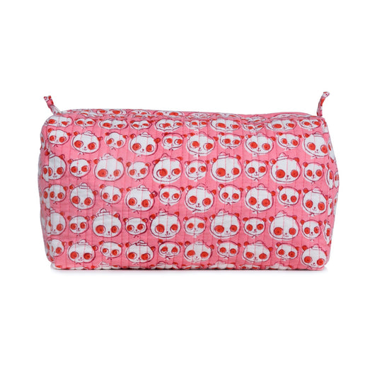 FUCHSIA BEAR HAND BLOCK COTTON PRINTED QUILTED TOILETRY POUCH