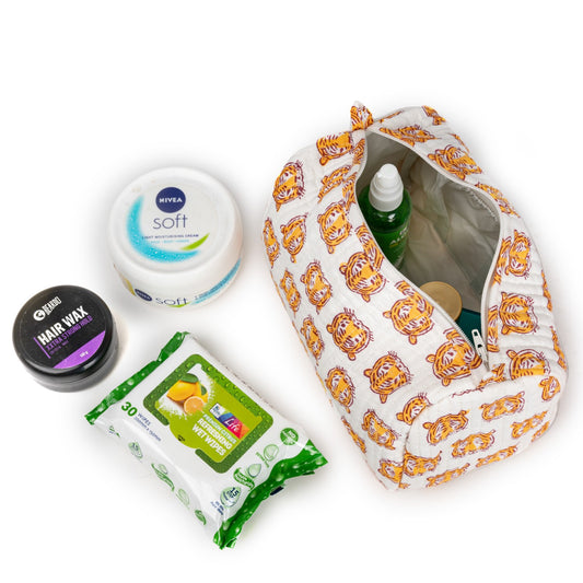 ROYAL BENGAL LION HAND BLOCK COTTON PRINTED QUILTED TOILETRY POUCH