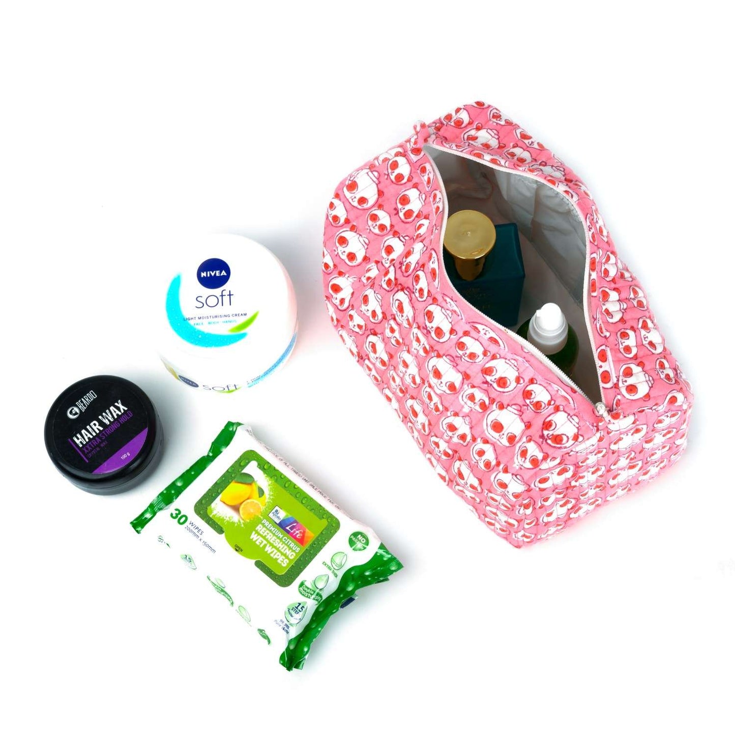 FUCHSIA BEAR HAND BLOCK COTTON PRINTED QUILTED TOILETRY POUCH
