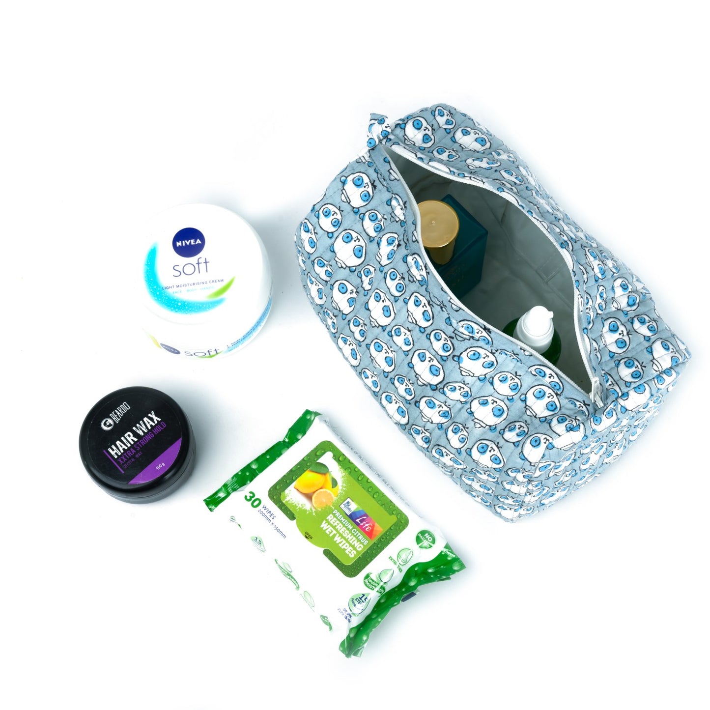 BEAR BIE SHAPE HAND BLOCK COTTON PRINTED QUILTED TOILETRY POUCH