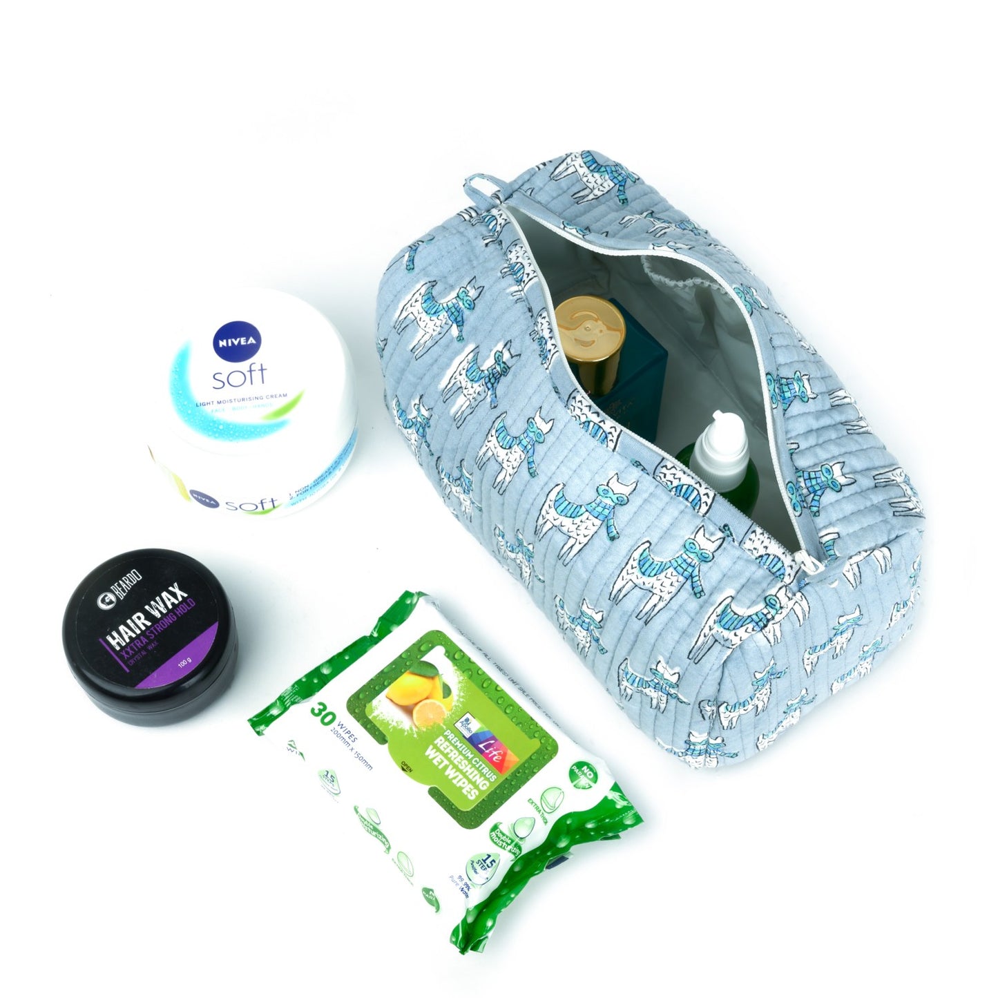 MOON WALK BY CAT HAND BLOCK COTTON PRINTED QUILTED TOILETRY POUCH