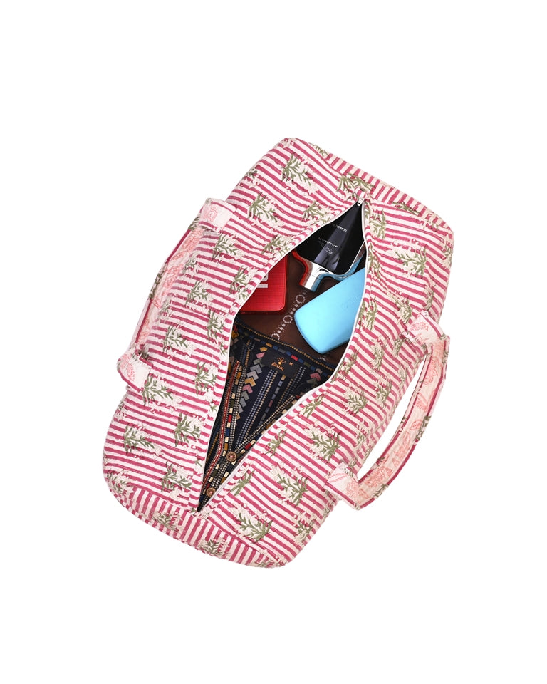 PINK STRIPE BUTTA HAND BLOCK PRINTED QUILTED TRAVEL DUFFLE BAG BIG