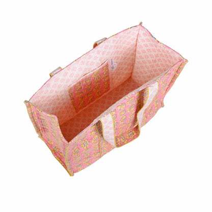 PINK HONEY BEE HAND BLOCK PRINTED QUILTED TOTE BAG